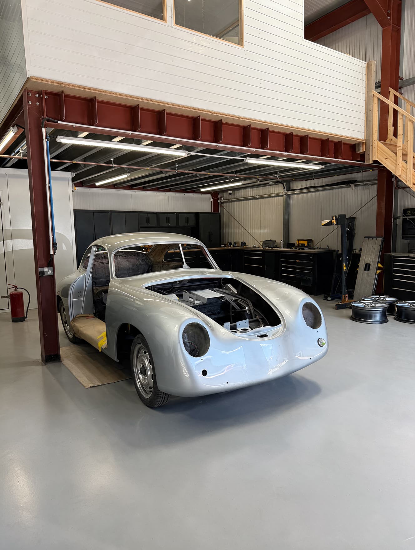 Classic Porsche 356 under restoration inside the Rocket Re-Finishing workshop